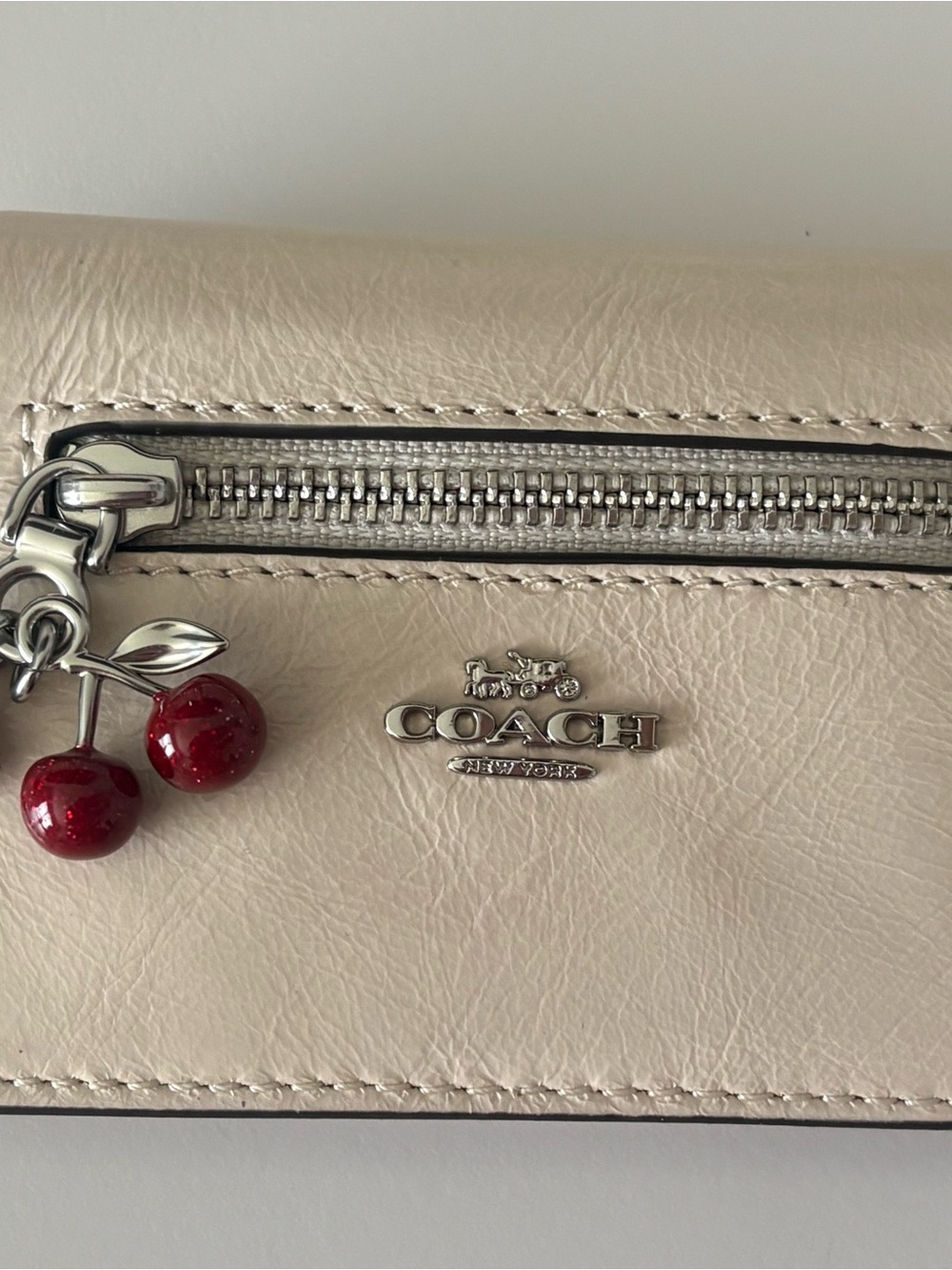 Coach Cream Leather Zip Wallet with Cherry Charm